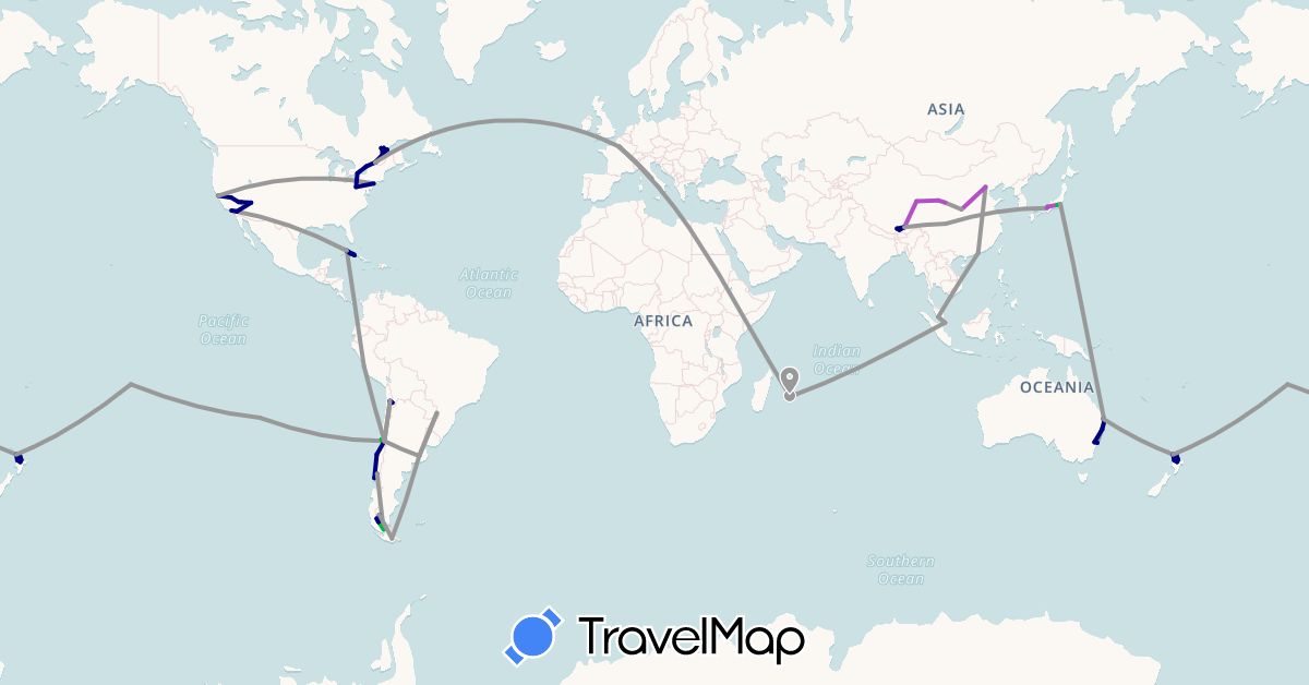TravelMap itinerary: driving, bus, plane, train in Argentina, Australia, Canada, Chile, China, Cuba, France, Hong Kong, Italy, Japan, Mauritius, Malaysia, New Zealand, Peru, French Polynesia, Réunion, Singapore, United States (Africa, Asia, Europe, North America, Oceania, South America)